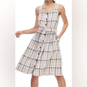 Gal Meets Glam Peyton Plaid Linen Dress Navy & Peach Size 00
